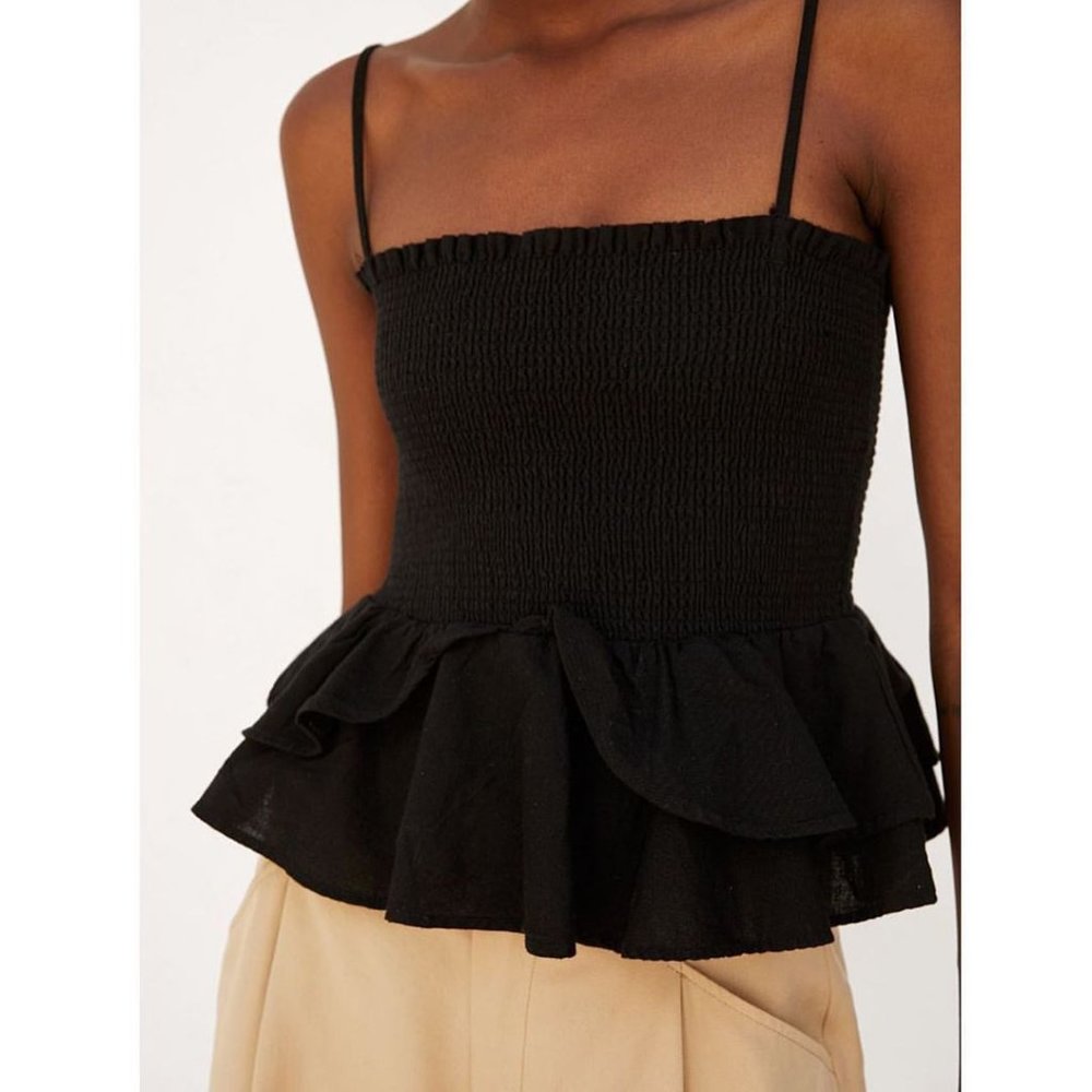 ZARA LINEN BLEND SMOCKED ELASTIC RUFFLE TIERED CAMI TOP WITH ADJUSTABLE STRAPS
